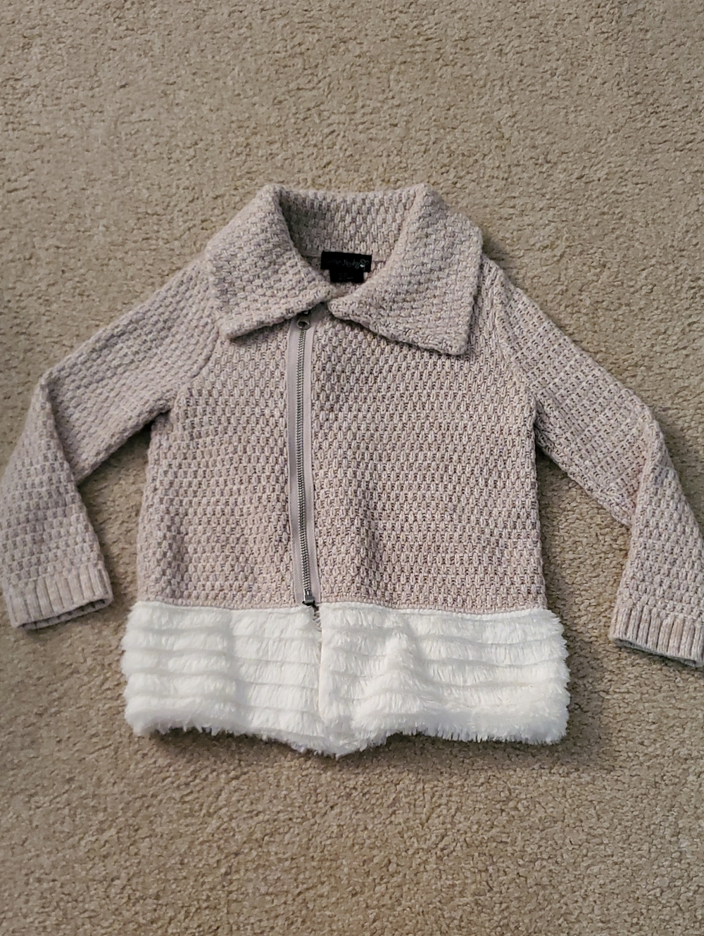 Cynthia Rowley Beige Sweater Jacket with White Faux Fur Hem, Size 3T
